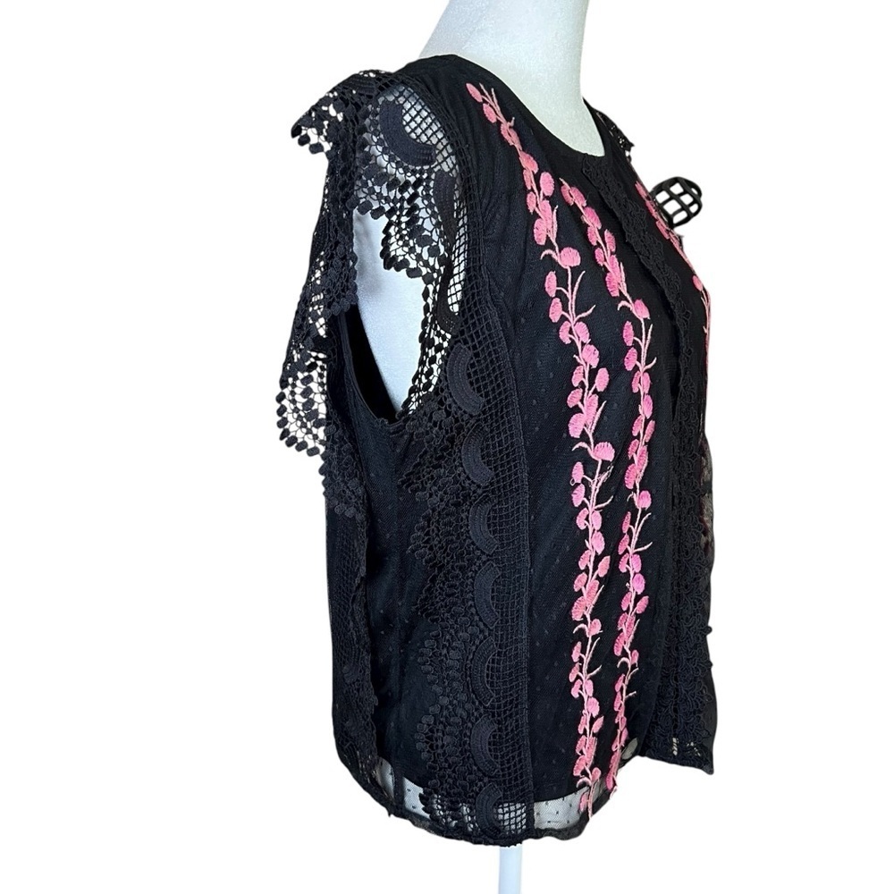 Calligraphie Black Lace Top Sleeveless Pink Embroidered Flowers Feminine Sz L - Picture 7 of 12